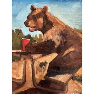 Original Impressionist Painting Bear Signed Outdoors Nature Funny 9x12 Canvas